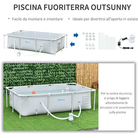 Outsunny Piscina Fuoriterra Autoportante, Piscina Rigida Rettangolare Con Filtro E Valvola In Acciaio E PVC, Grigio, 252x152x65cm 6 Outsunny Piscina Fuoriterra Autoportante, Piscina Rigida Rettangolare Con Filtro E Valvola In Acciaio E PVC, Grigio, 252x152x65cm - immagine 4
