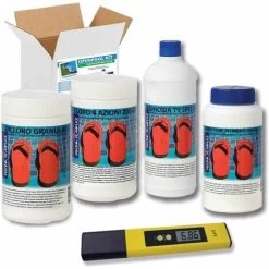 Kit Trattamento Acqua Piscina Per Piscine Fino A 100 Mc - Dicloro 56% 1 Kg + Cloro 4 Azioni Da 1 Kg + Alghicida T9 Da 1 Lt + PH Meno Da 1,5 Kg + Tester Digitale PH