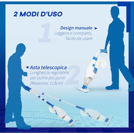 Outsunny Pulitore Aspiratore Per Piscine A Batteria Con Palo Telescopico, Spazzole E Filtro, Bianco E Blu 7 Outsunny Pulitore Aspiratore Per Piscine A Batteria Con Palo Telescopico, Spazzole E Filtro, Bianco E Blu - immagine 5