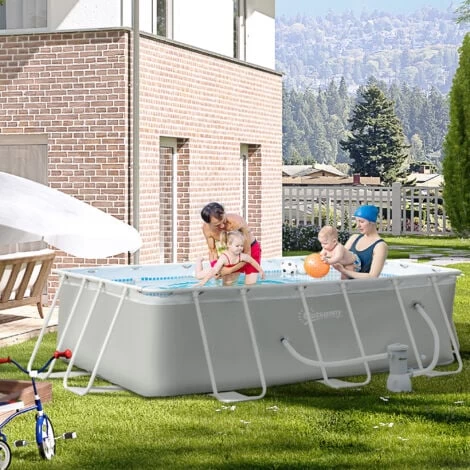 Outsunny Piscina Fuori Terra Da Giardino Rettangolare Con Pompa Di Filtraggio E Telaio In Acciaio, 340x215x80cm, Grigia 4 Outsunny Piscina Fuori Terra Da Giardino Rettangolare Con Pompa Di Filtraggio E Telaio In Acciaio, 340x215x80cm, Grigia - immagine 2