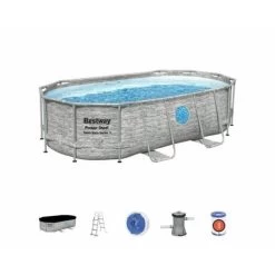 Piscina Fuori Terra Ovale In Finta Pietra 427x250x100 Cm Con Oblo', Filtro, Scala, Copertura - Bestway 56714