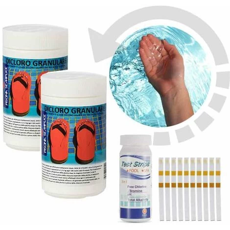 2x Dicloro Granulare Al 56% Da 1 Kg + 50 Test Strip Per Misurazione Acqua Piscina Cloro E PH E Alcalinità 3 2x Dicloro Granulare Al 56% Da 1 Kg + 50 Test Strip Per Misurazione Acqua Piscina Cloro E PH E Alcalinità