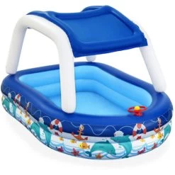 Piscina Per Bambini Bestway 213x155x132 Cm Barca Blu Con Parasole Timone E Clacson Dai 3 Anni In Su