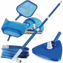 Set Accessori Pulizia Piscina - Spazzola Triangolare Aspirafango + Asta Telescopica In Alluminio 2x180 Cm + Tubo Galleggiante Da 32 Mm Per 9 Mt + Kit Retini